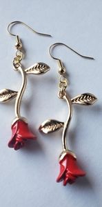 Gold Plated Red Rose Drop Earrings